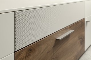 Meuble TV ANZIO Façade SOUND blanc laque et Bois 2 portes 1 tiroirs 